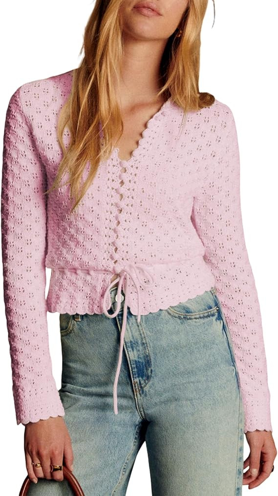 Bianstore Womens Casual Long Sleeve Crewneck Crochet Cardigan Lightweight Hollow Out Tie Front Kn... | Amazon (US)