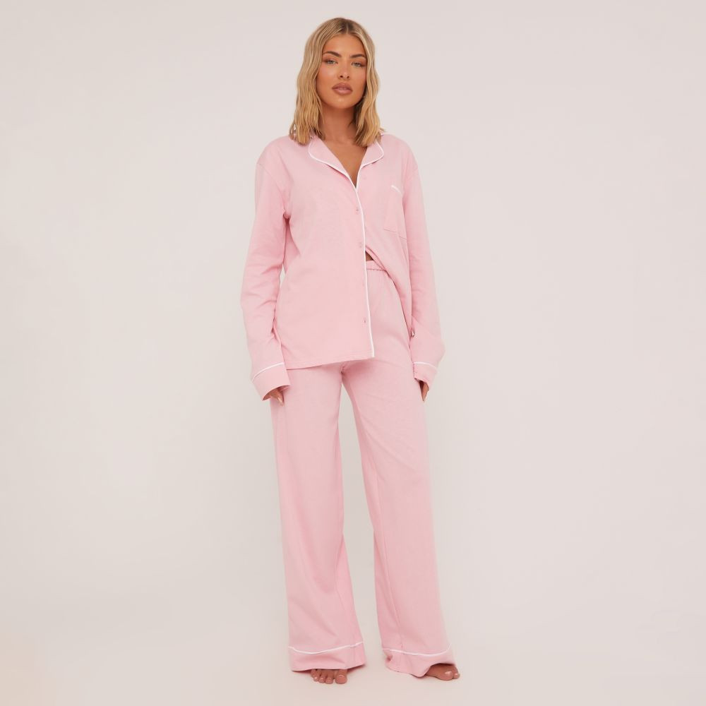 Contrast Piping Long Sleeve Shirt And Straight Leg Trousers Pyjama Set In Pastel Pink | EGO (UK)