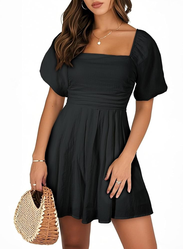 AlvaQ Womens Summer Cute Puff Sleeve Elastic Square Neck Mini Short Romper with Pockets | Amazon (US)