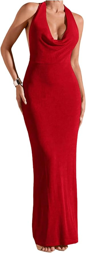 SOLY HUX Women's Halter Bodycon Maxi Dress Draped Sleeveless Backless Cocktail Party Long Dresses | Amazon (US)