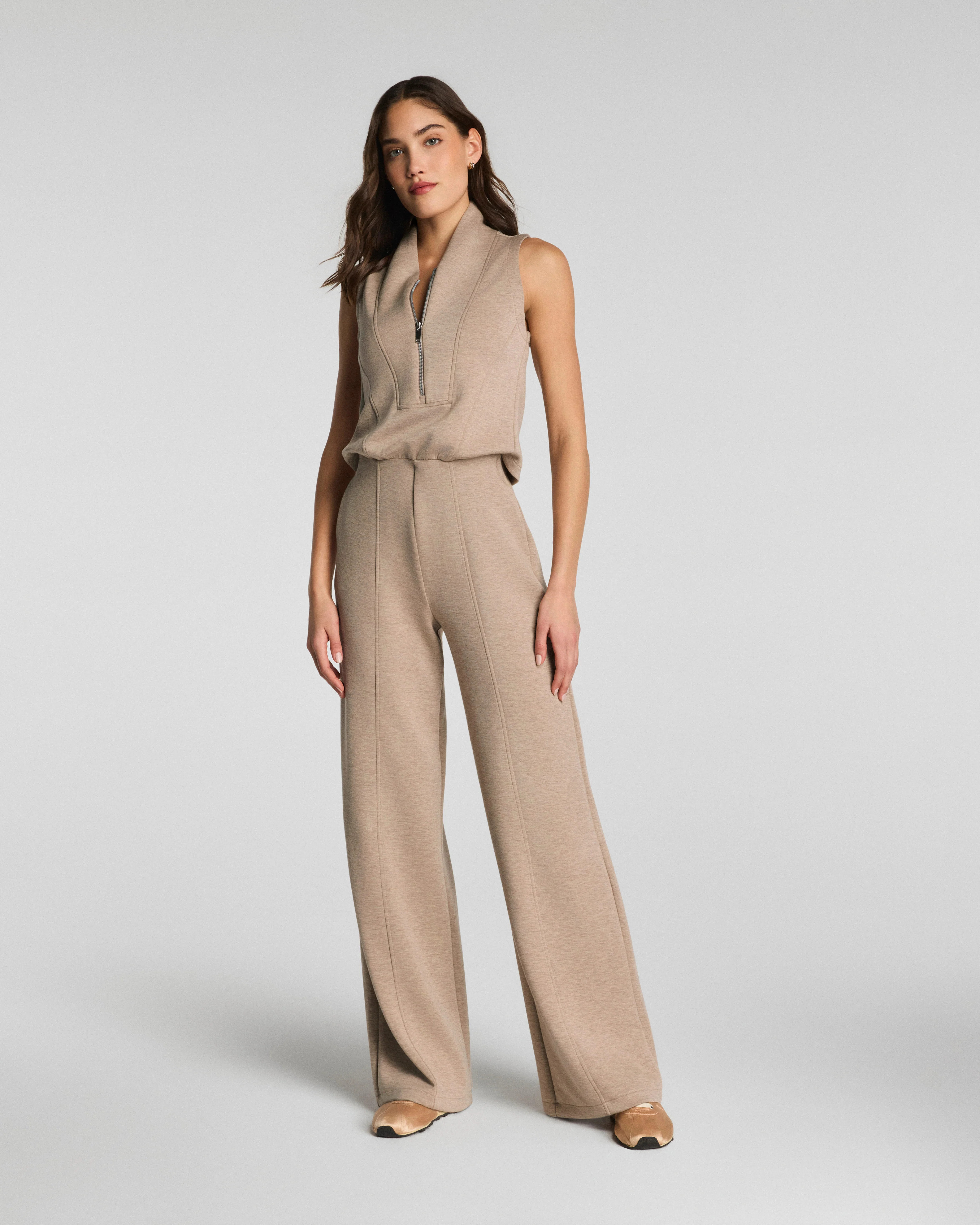 Spanx Women's SPANX AirEssentials Shawl Collar Half Zip Top Jumpsuit in Dune Heather | Spanx