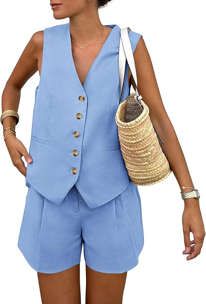 PRETTYGARDEN Women's Summer 2 Piece Outfits Sleeveless Matching Sets Button Down V Neck Vest Wais... | Amazon (US)