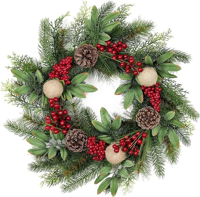 Christmas-Wreath for Front Door, 20" Handcrafted Farmhouse Wreath with Variant Red Berry & Evergr... | Amazon (US)