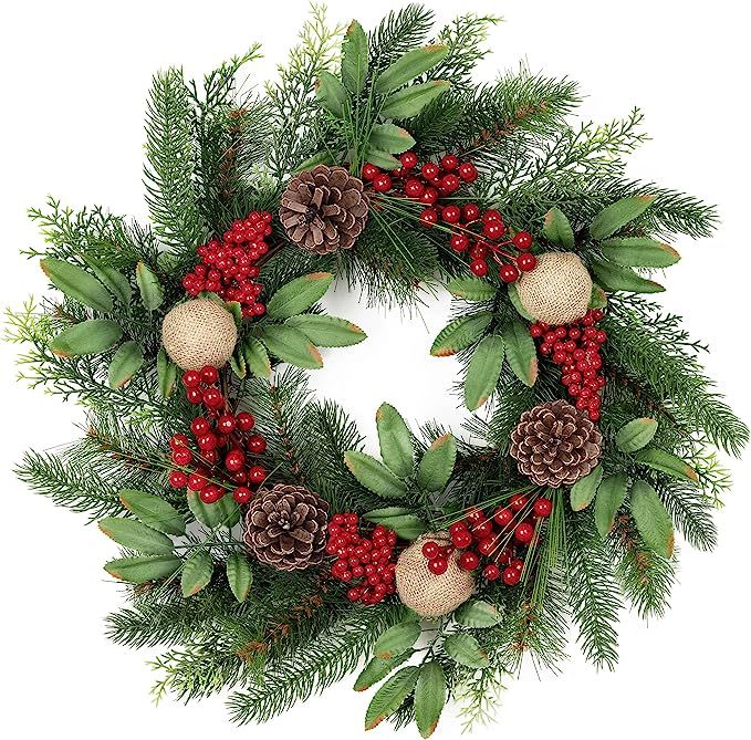 Christmas-Wreath for Front Door, 20" Handcrafted Farmhouse Wreath with Variant Red Berry & Evergr... | Amazon (US)