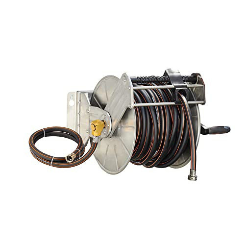 Giraffe Tools Stainless Steel Garden Hose Reel with 5/8" x 100 ft Heavy Duty Hose, Wall/Floor Mounted Metal Water Hose Reel with Crank Handle | Amazon (US)