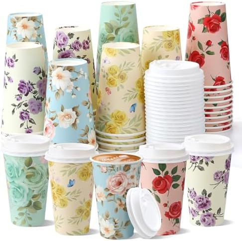 50 Pack 16 oz Disposable Coffee Cups with Lids,Floral Paper Insulated Hot Cups for Hot and Cold B... | Amazon (US)