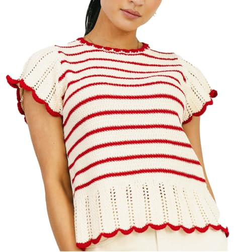 VAOYIU Women's Striped Breeze Crochet Top Cap Sleeve Ruffle Edges Knit Sweater Vest Casual Summer Fashion Cute Shirt(Red-S) | Amazon (US)