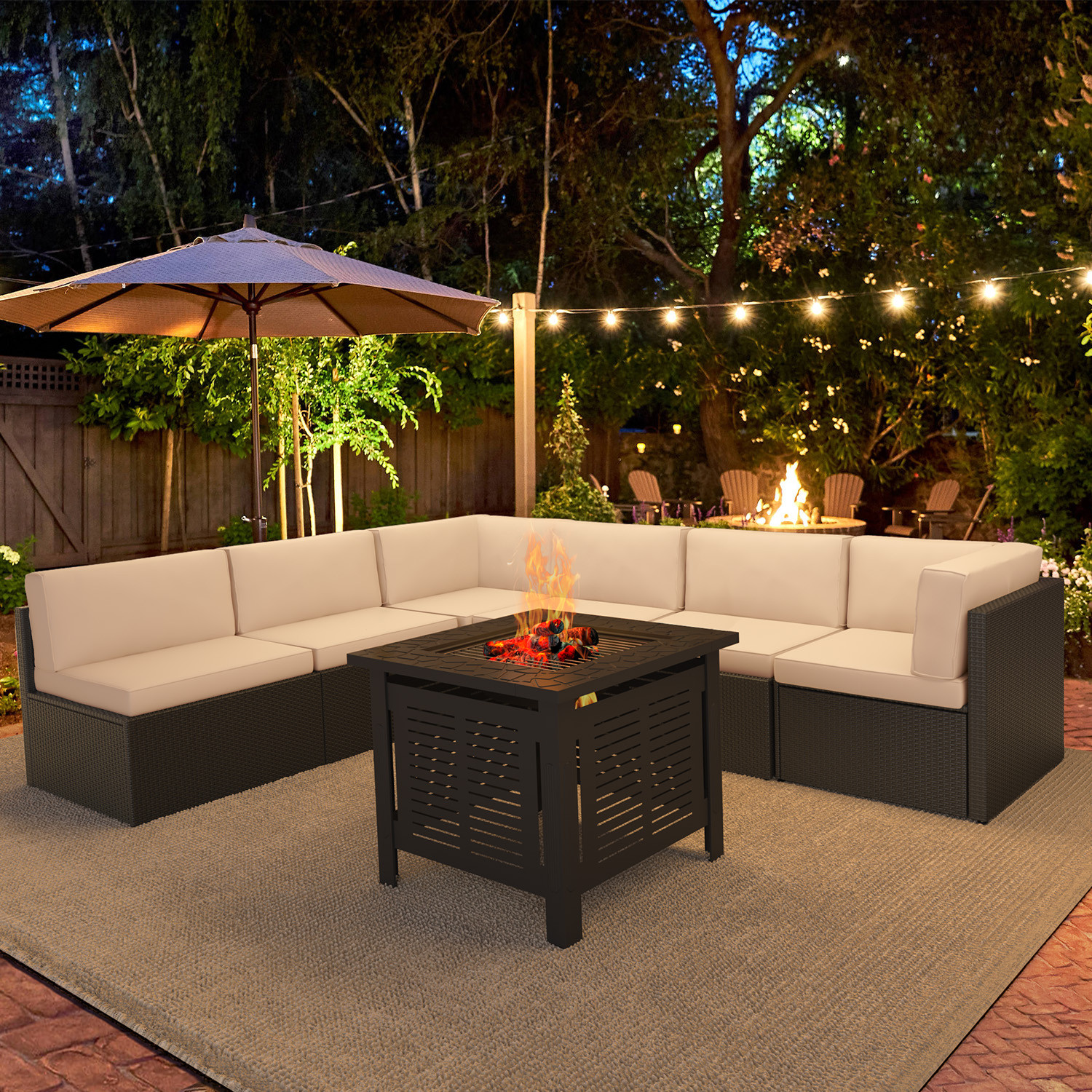 YODOLLA 7-Piece Patio Furniture Set with 30" Fire Pit Table, Rattan Wicker Outdoor Sectional Sofa... | Walmart (US)