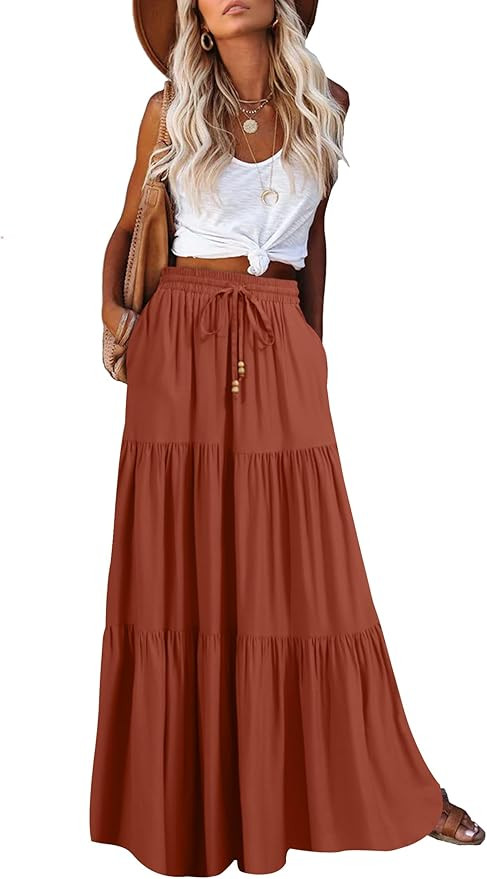 HAEOF Women's Summer Boho Maxi Skirt A-Line Flowy Ruffle Tiered Elastic High Waist Beach Long Ski... | Amazon (US)