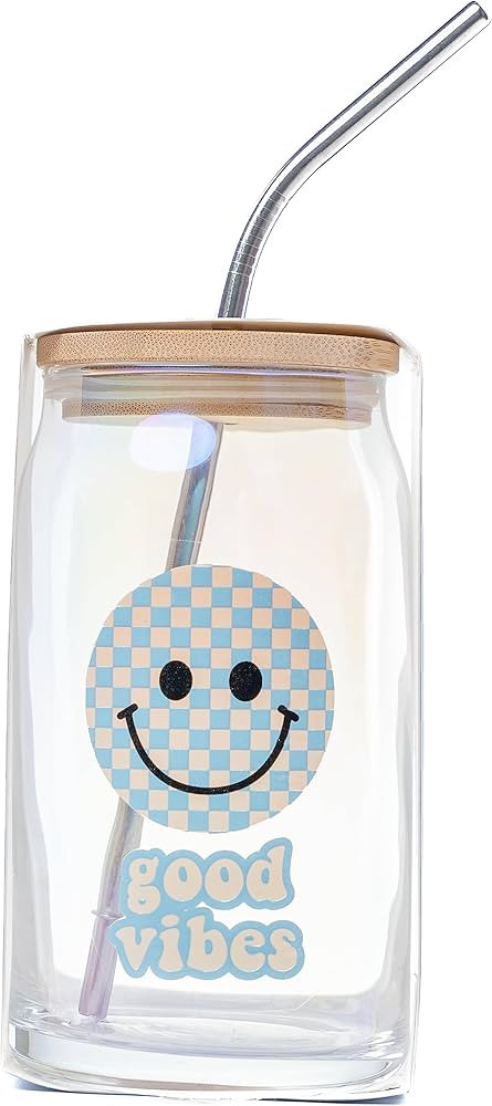 NPW Good Vibes Blue Smiley Can Glass with Lid and Metal Straw - Lightweight, Premium Can Glass fo... | Amazon (US)