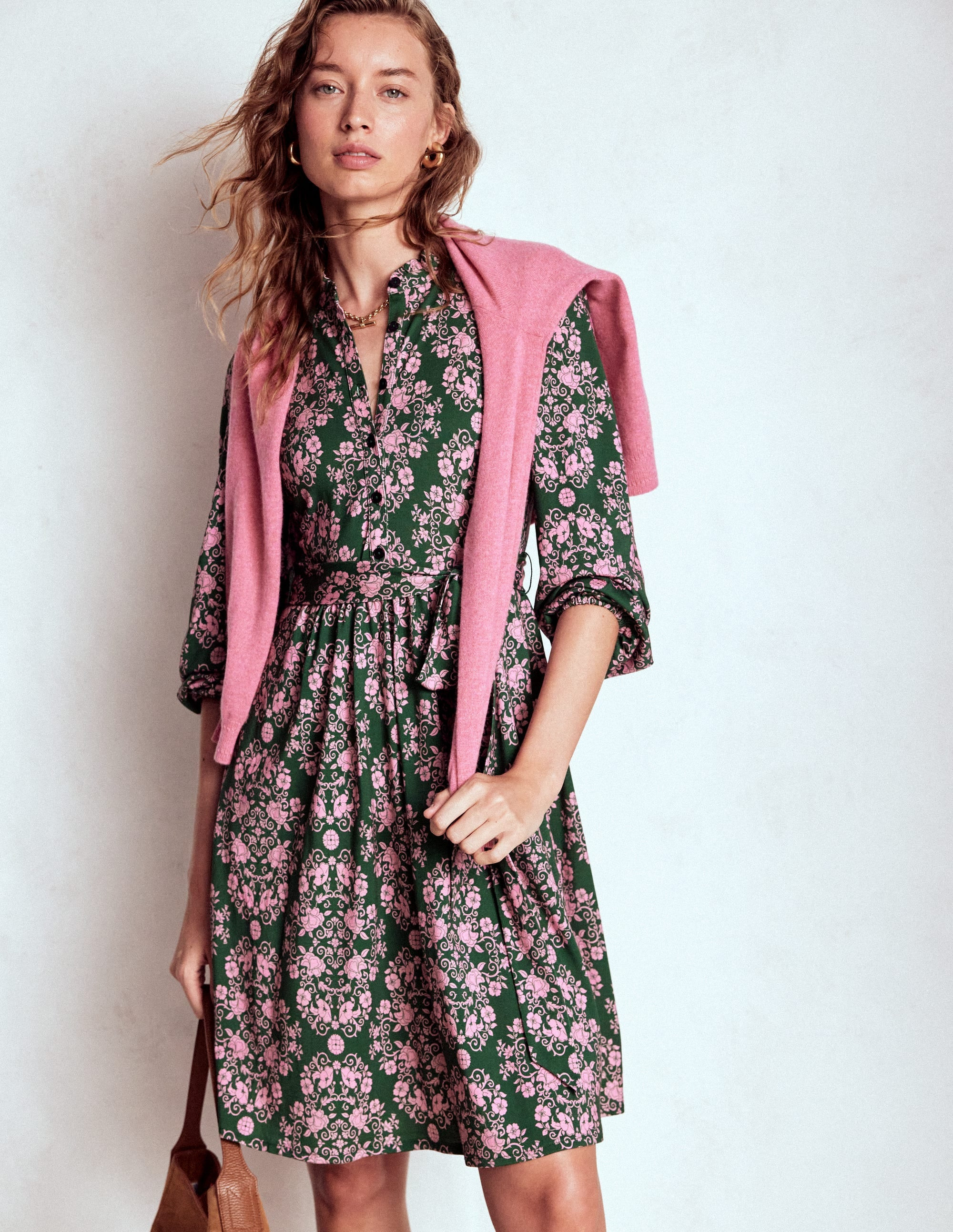 Willow Ruffle Neck Shirt Dress-Green, Ornamental Lattice | Boden (US)