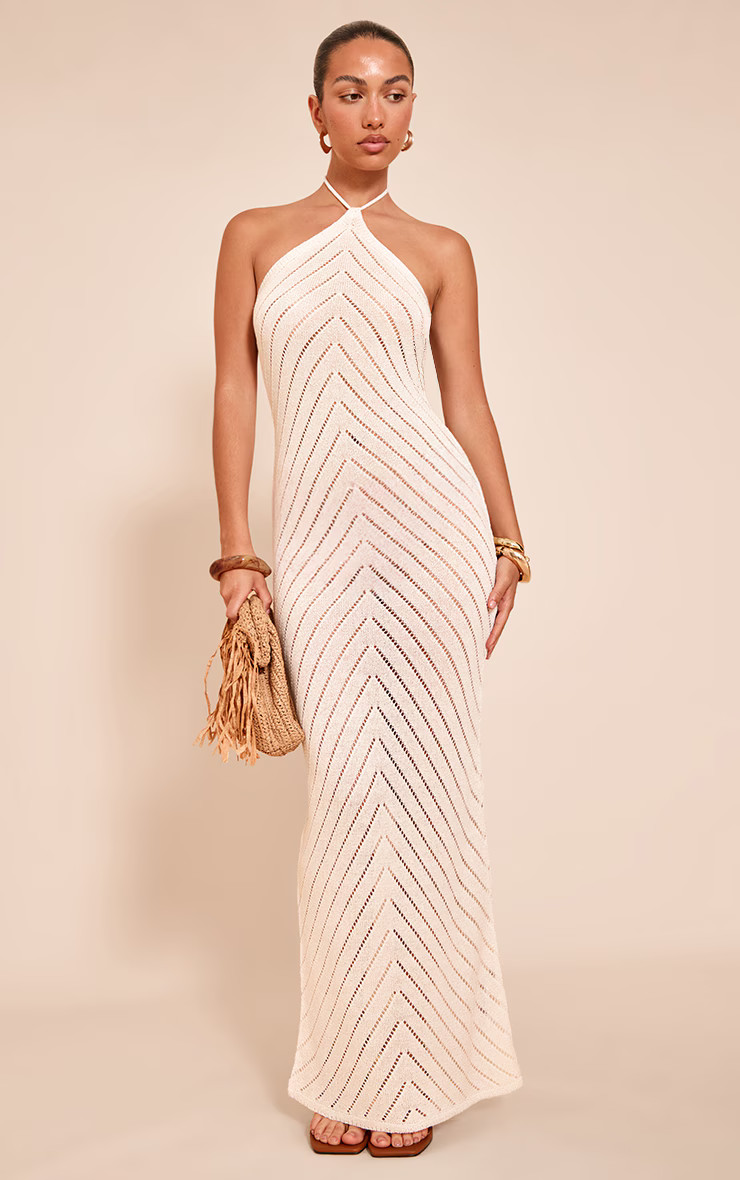 Cream Chevron Knitted Maxi Dress | Knitwear | PrettyLittleThing UK