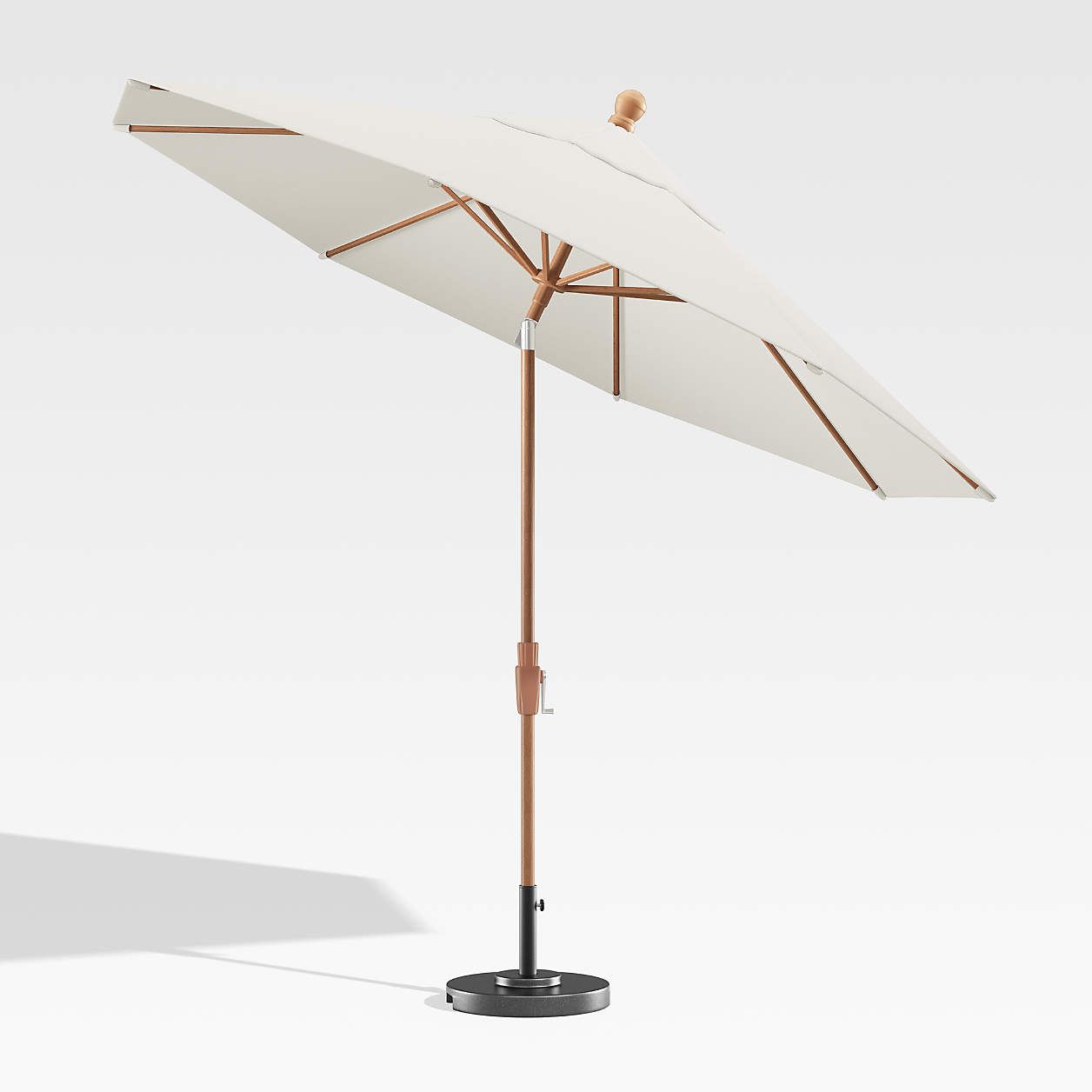 9' Round Sunbrella White Sand Outdoor Patio Umbrella with Tilt Faux Wood Frame | Crate & Barrel | Crate & Barrel