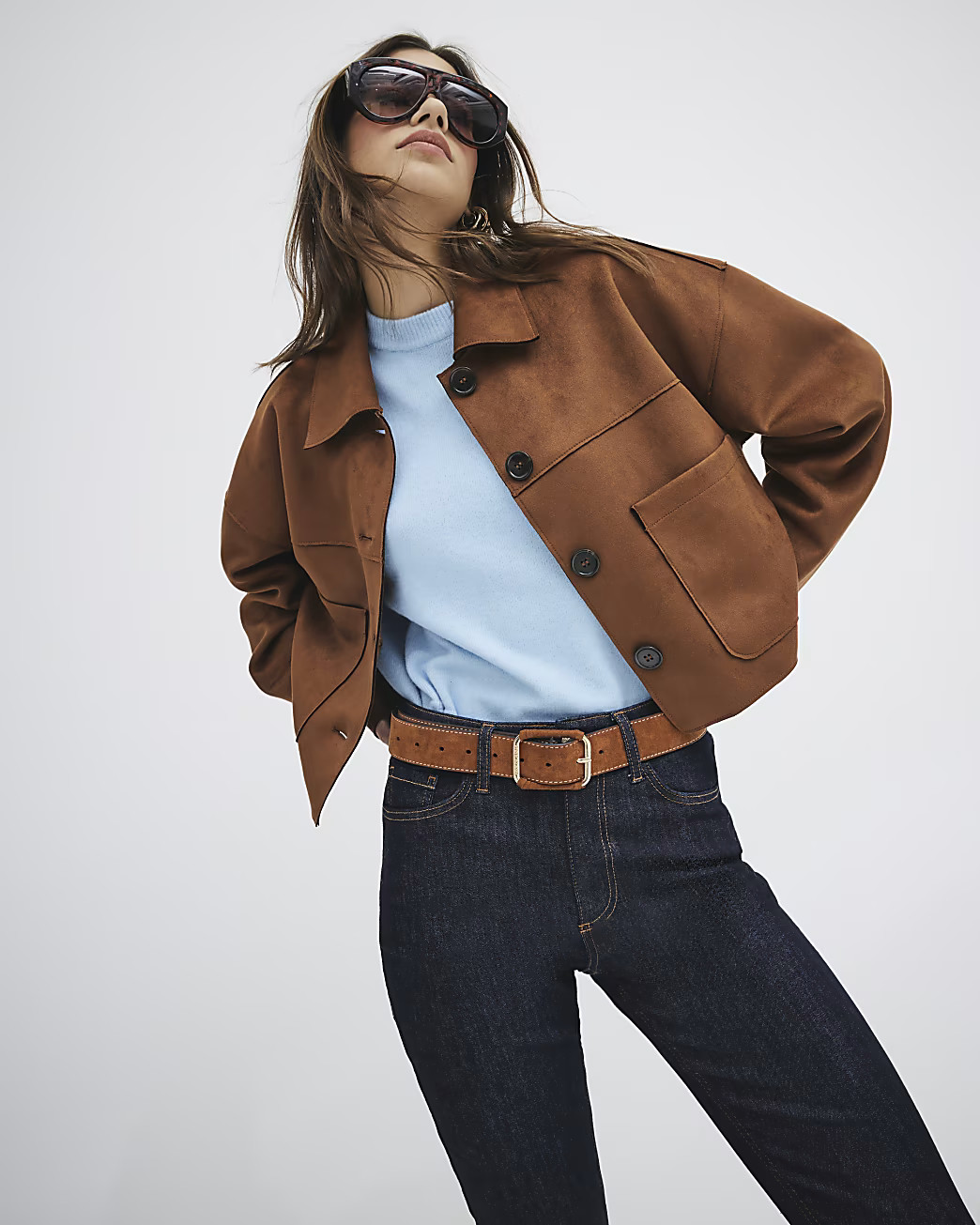 Brown Faux Suede Cropped Overshirt | River Island UK & IE