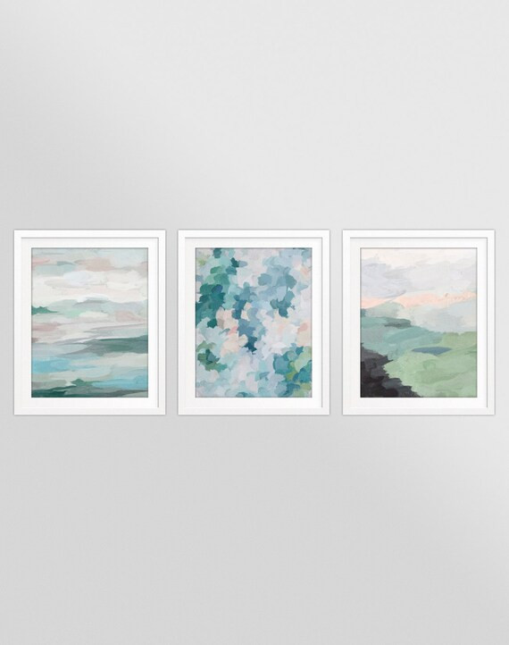 Set of 3 Green Mint Aqua Blue Blush Pink Abstract Nature Floral Wall Art, Printable Art, Painting... | Etsy (US)