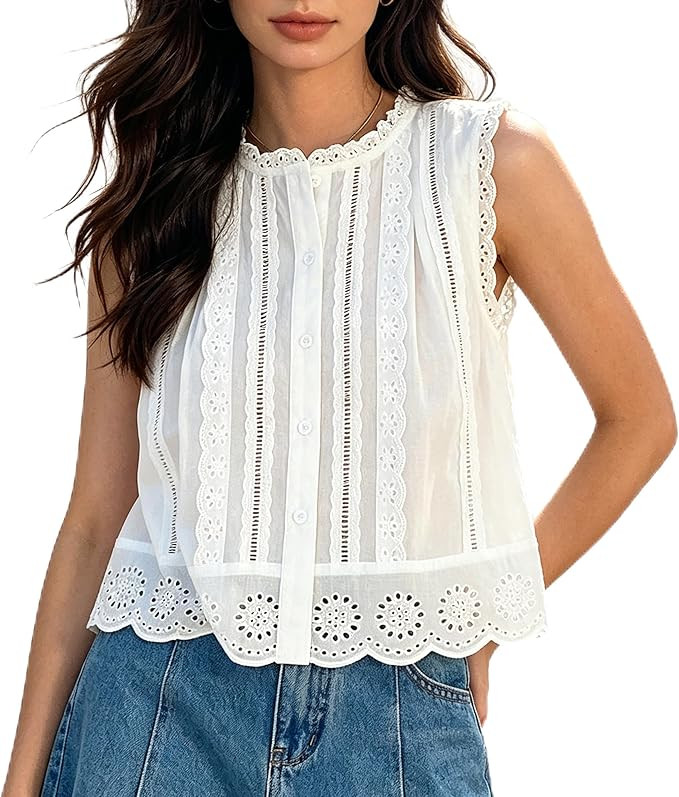Women Boho Lace Tank Top Eyelet Button Down Shirts Ruffle Crop Tops | Cottagecore Eyelet Button D... | Amazon (US)