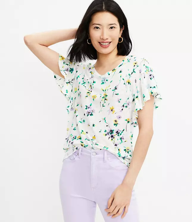 Floral Linen Flutter Wedge Tee | LOFT