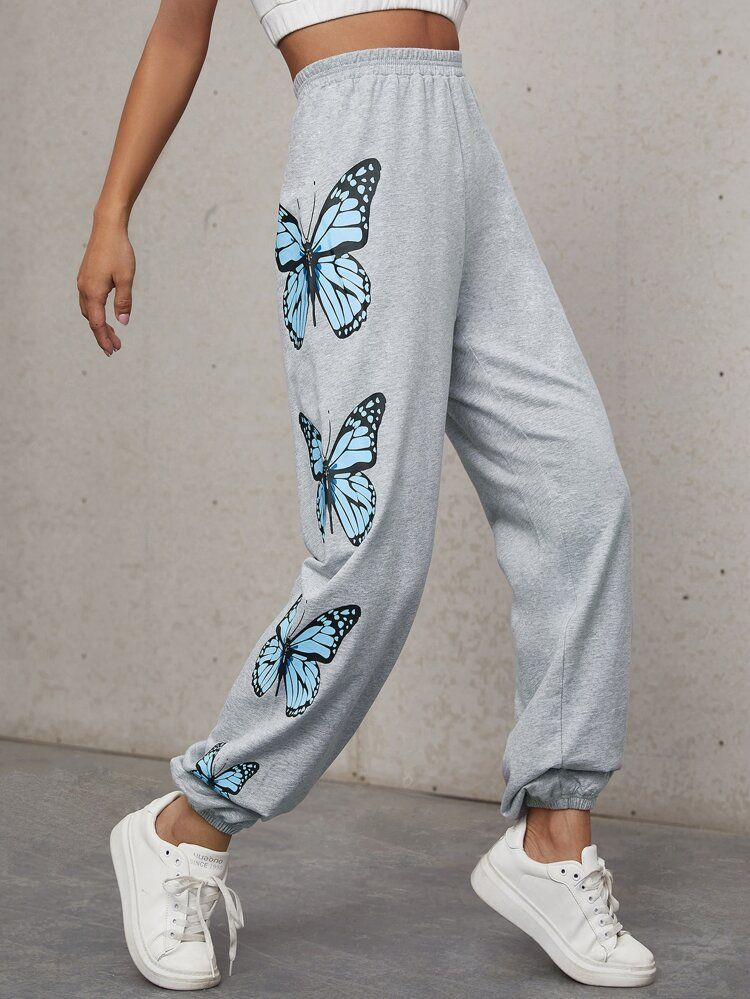 SHEIN Elastic Waist Butterfly Print Sweatpants | SHEIN