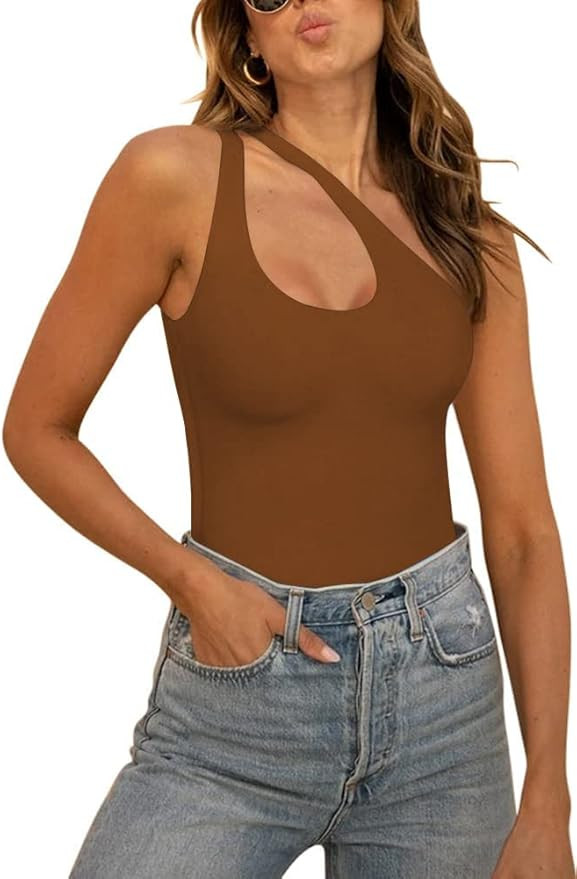 WAYMAKER Women's Sexy One Shoulder Cutout Front Backless Sleeveless Bodysuit Tank Top | Amazon (US)