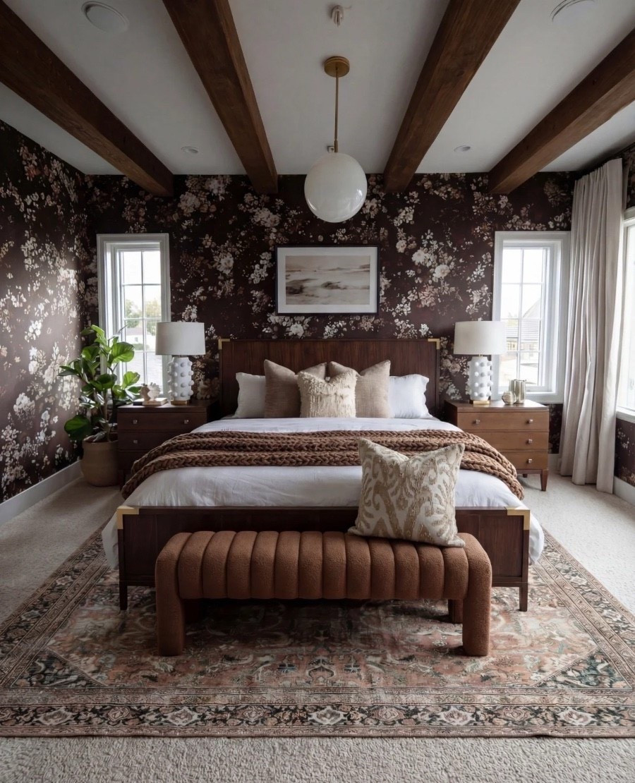 There’s something about a rich, moody bedroom that just wraps you in warmth the moment you walk in, and this one sets the vibe perfectly. The deep floral wallpaper creates the most stunning backdrop, layering in drama while still feeling soft and romantic.

The dark wood bed anchors the room beautifully, styled with plush sand and taupe pillows that add softness without losing the warm, earthy palette. The chunky cocoa knit throw at the foot brings in that cozy, textural moment every bedroom needs.

The caramel upholstered bench adds a sculptural touch with its ribbed design, tying in seamlessly with the terracotta and sage tones in the vintage-inspired rug.

Matching wood nightstands keep the symmetry clean and timeless, each topped with a textured white lamp for a crisp pop against the darker walls. The globe pendant overhead adds that simple, modern touch that balances the pattern-heavy space.

✨ Shop the Look
Dark wood and brass bed
Sand and taupe throw pillows
Chunky cocoa brown knit throw
Caramel brown ribbed bench
Vintage-inspired terracotta and sage rug
Wood nightstands
Textured white lamps
Moody floral wallpaper
Globe pendant
Glass vase
Decor books


#LTKSaleAlert #LTKHome #LTKFindsUnder100