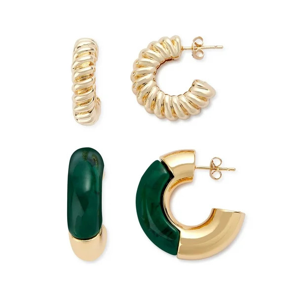 Scoop Women’s Green Resin Hoop Earrings in 14KT Flash Plated Gold, 2-Piece Set | Walmart (US)