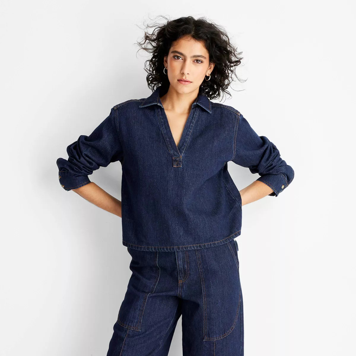 Women's Long Sleeve Popover Denim Top - Future Collective Dark Wash | Target