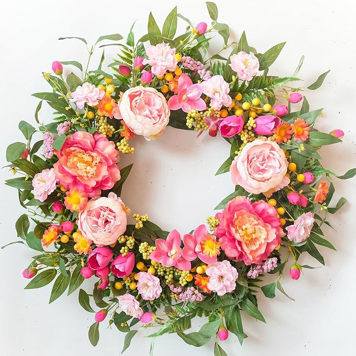 Vibrant Spring Wreaths for Front Door, 24 Inch Spring Wreath with Pink Peony Tulip Orchid， Arti... | Amazon (US)