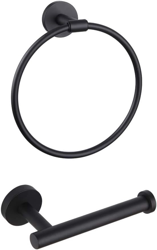 GERZWY Bathroom Hardware Set 2 Piece Black Towel Ring and Toilet Paper Holder SUS 304 Stainless S... | Amazon (US)