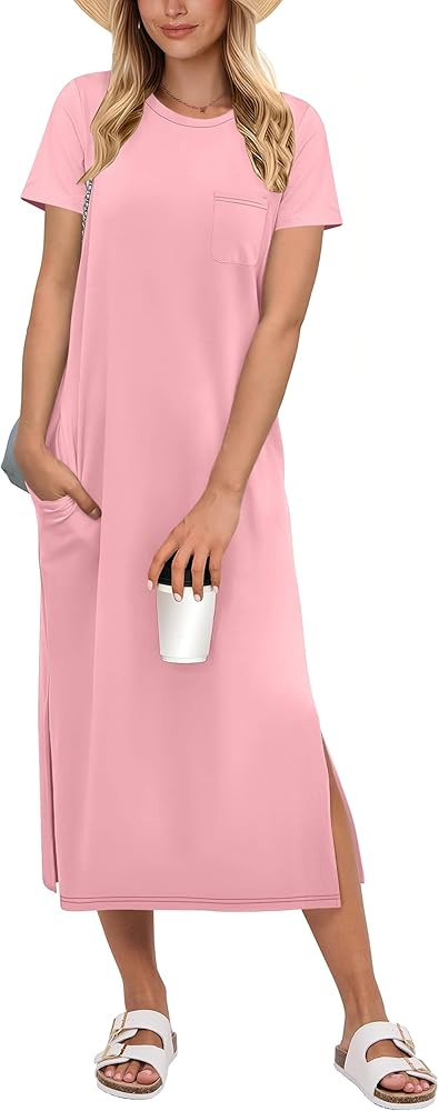 ANRABESS Womens Summer Casual Midi Dress Short Sleeve Crewneck T Shirt Long Dresses Split Stripe ... | Amazon (US)
