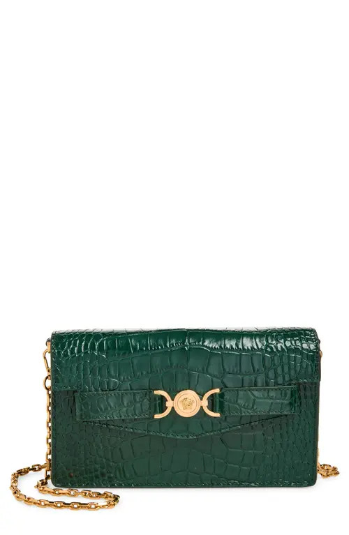 Versace Medusa Croc Embossed Leather Wallet on a Chain in Dark Emerald Gold at Nordstrom | Nordstrom