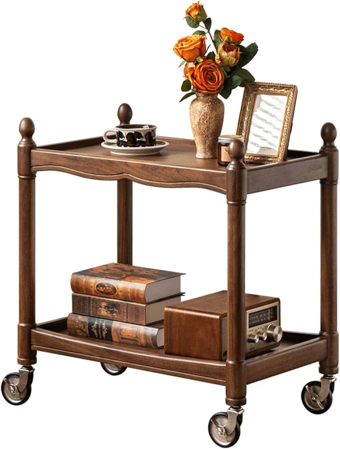 Vintage Walnut Side Table with Lockable Wheels, 2‑Tier Rolling End Table Nightstand for Small S... | Amazon (US)