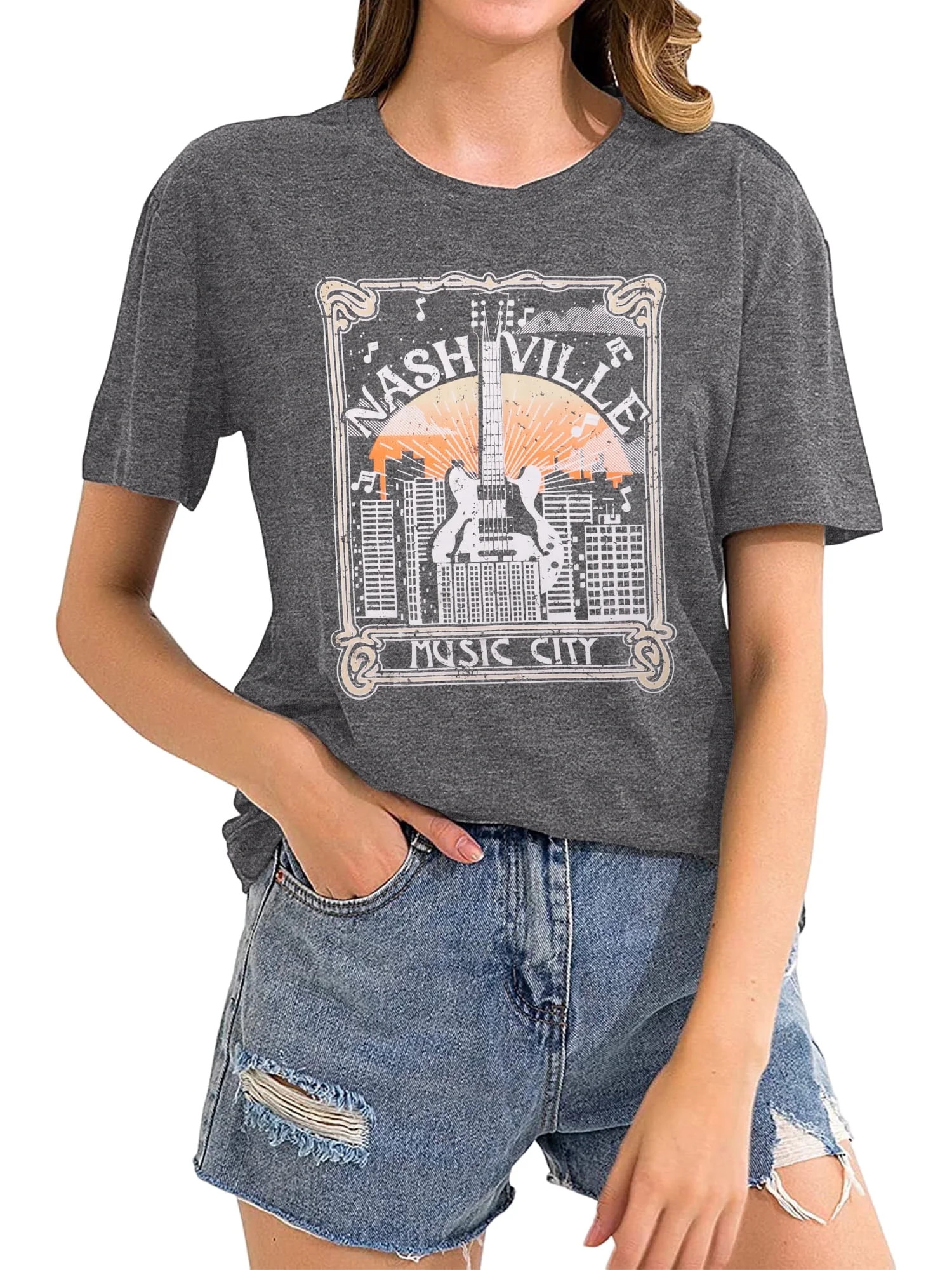 XCHQRTI Nashville Shirt Women Nashville Music Graphic Tshirt Casual Guitar Shirts | Walmart (US)