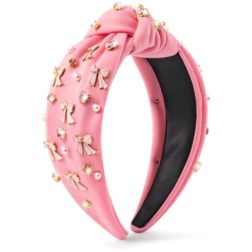 Y1tvei Pink Bow Knotted Headband, Coquette Pink Bow Crystal Rhinestone Pearl Embellished Headband Wide Top Knot Fashion Non Slip Trendy Wide Hair Accessories Gift for Women Mom Grandma Christmas | Amazon (US)