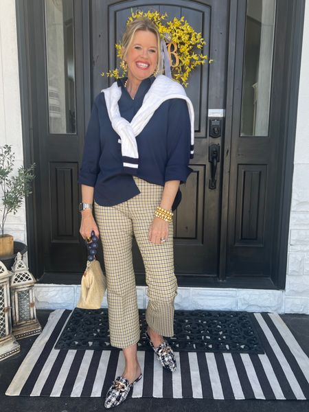 Sale🚨

Spanx Sale Alert
These darling perfect pant crop in navy and yellow plaid are so dang cute and on major sale $44
Normally $139 comes in several colors and prints fit tts 

No iron Chicos navy button up shirt fits tts 

V neck white and navy strip sweater from social threads … linked similar 

Social tread fatten bag with navy blue bead handle 

Steve Madden navy plaid tweed mules olde (linked similar) 

All Llosa lurch jewelry gold bead necklace, gold beaded bracelets and hoop earring

#LTKstyletip #LTKsalealert #LTKfindsunder50