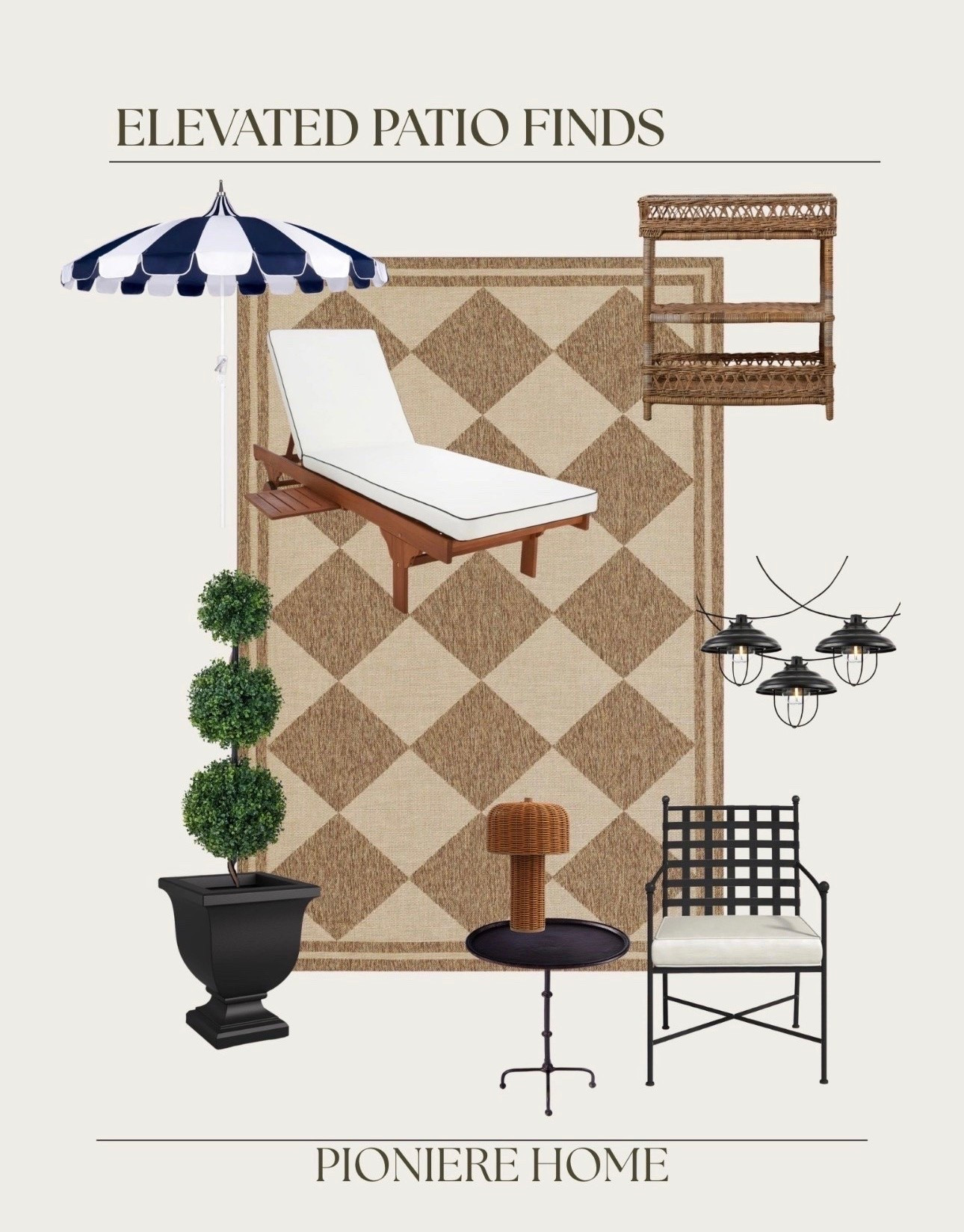 Elevated patio finds from Wayfair. Outdoor furniture and decor. Checkered outdoor rug, black and white patio furniture, outdoor bar cart, metal dining chairs, string lights

#LTKSeasonal #LTKHome #LTKSaleAlert