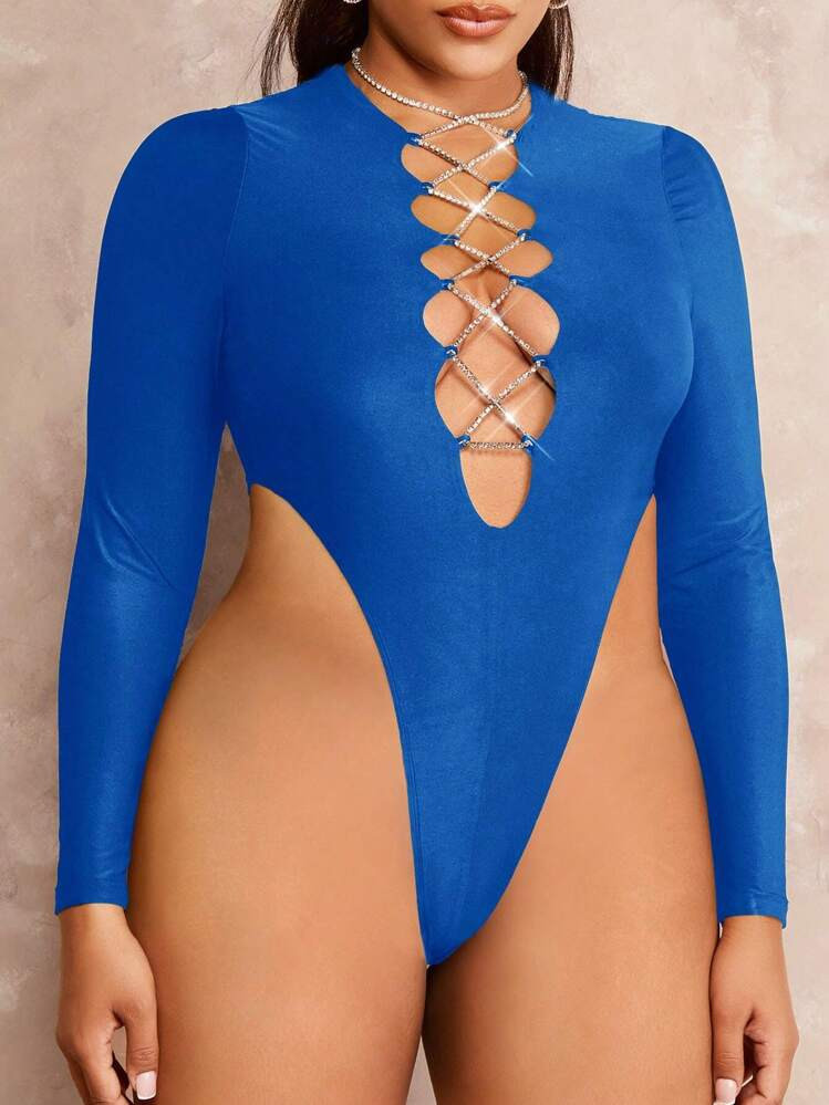 SHEIN BAE Plus Rhinestone Chain Crisscross Front Bodysuit | SHEIN