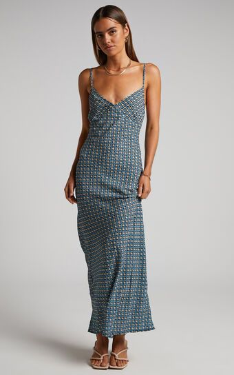 Brunita Maxi Dress - V Neck Low Scoop Back Slip Dress in Tile Geo | Showpo (US, UK & Europe)