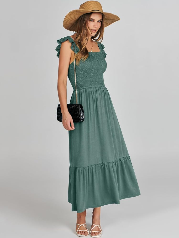 ANRABESS Womens Square Neck Maxi Dress Ruffle Sleeveless Smocked Casual Summer Beach Sundress wit... | Amazon (US)