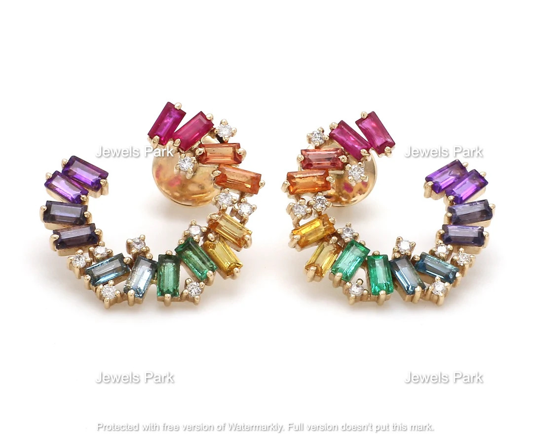 Rainbow sapphire emerald ruby diamond hoop earrings in 14k 18k gold | Natural rainbow baguette cu... | Etsy (US)