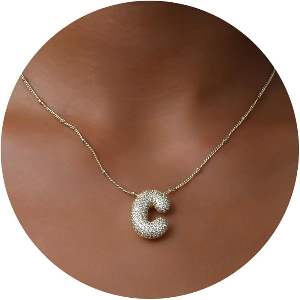 Apsvo Bubble Letter Necklace Gold, A-Z Balloon Initial Necklaces Rhinestone Puff Letter Pendant C... | Amazon (US)