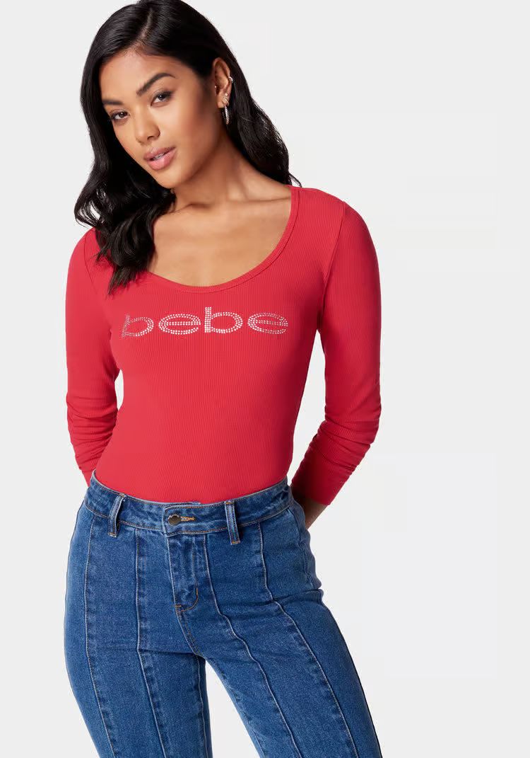 Long Sleeve Scoop Neck Bebe Logo Rib Top | Bebe
