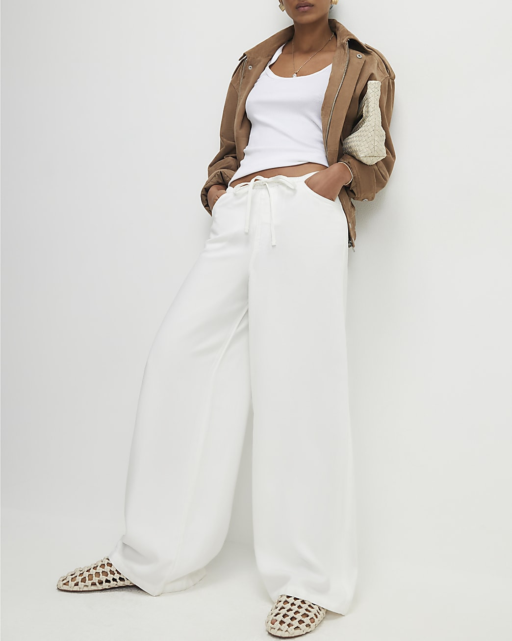 White Wide leg Drawstring Jeans | River Island UK & IE