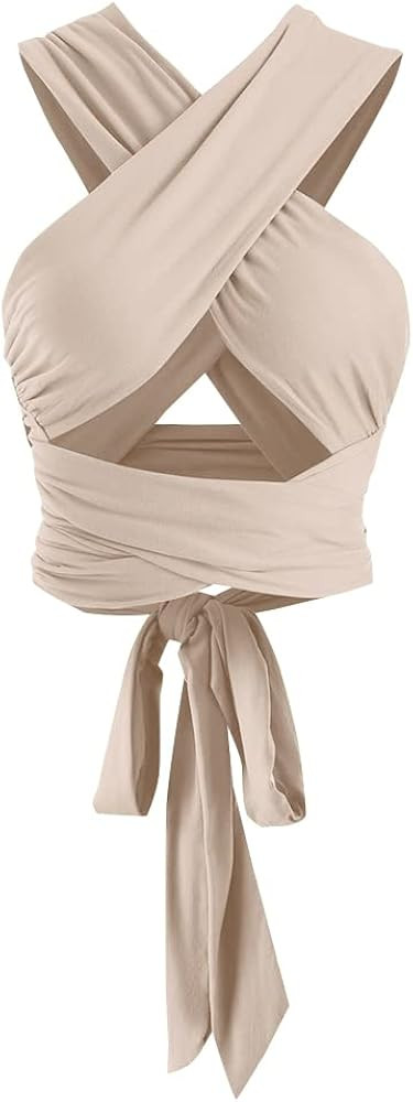 ZAFUL Womens Ribbed Halter Crop Top Ruched Lace-up Cropped Cami Bandana Top Criss Cross Wrap Prin... | Amazon (US)