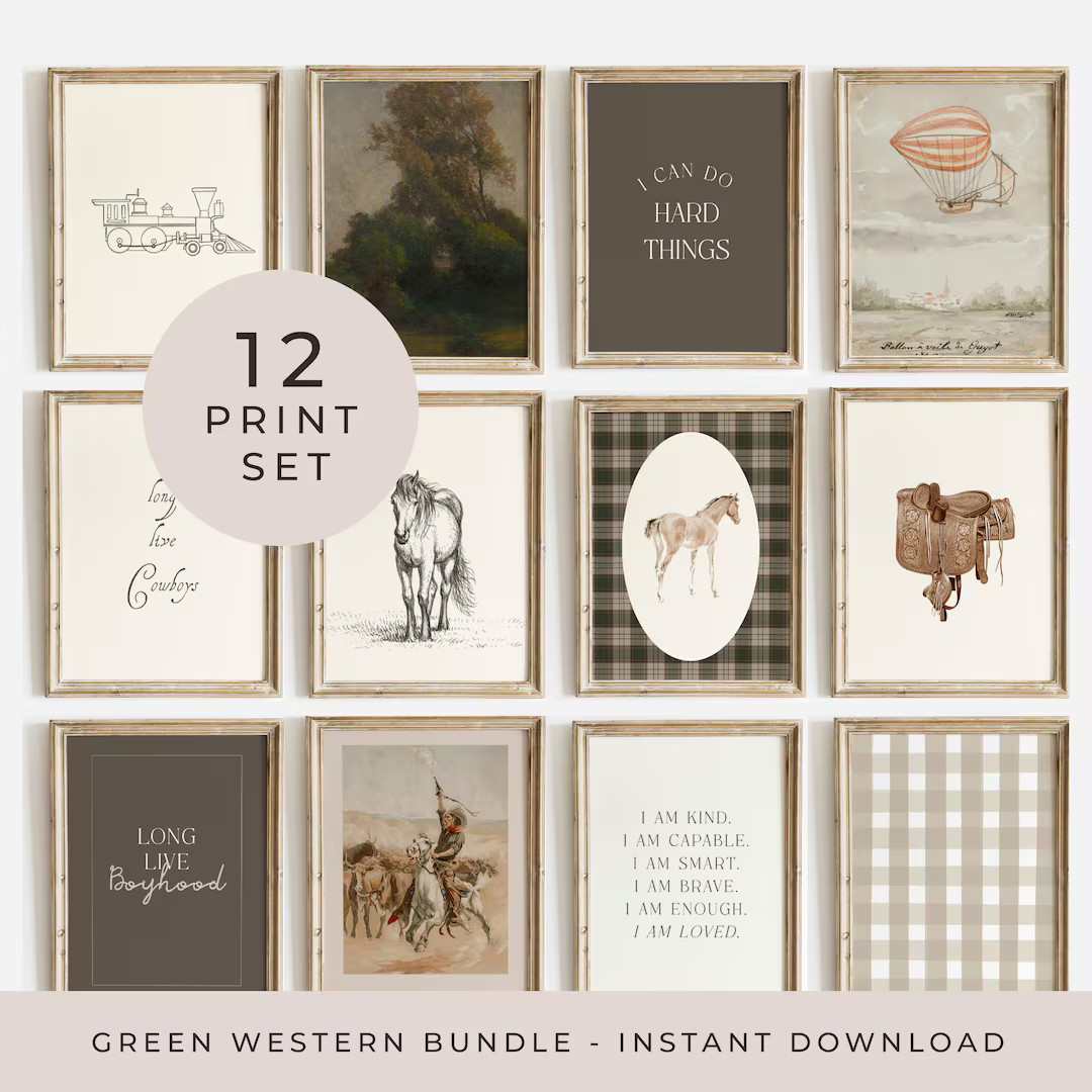 Western Posters Set of 12 Cowboy Print Bundle Moody Green Bedroom Decor Baby Boy Nursery Decor Gr... | Etsy (US)