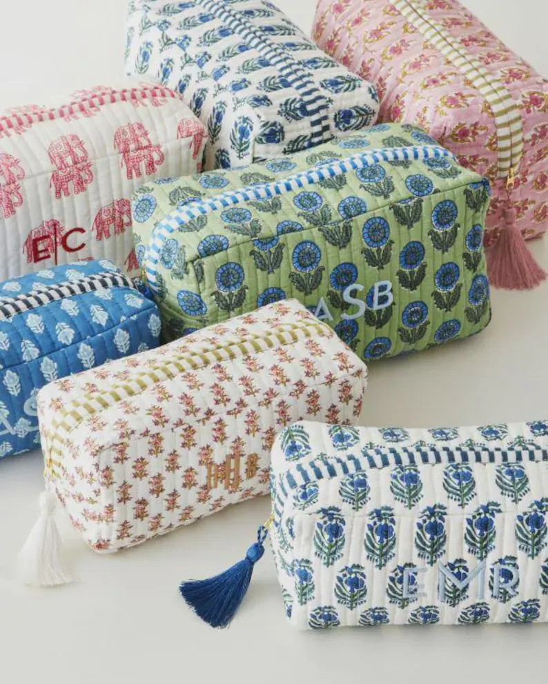 Personalized Floral Makeup Bag | Block Print Cosmetic Pouch | Bridesmaid Gift | Monogrammed Women... | Etsy (US)