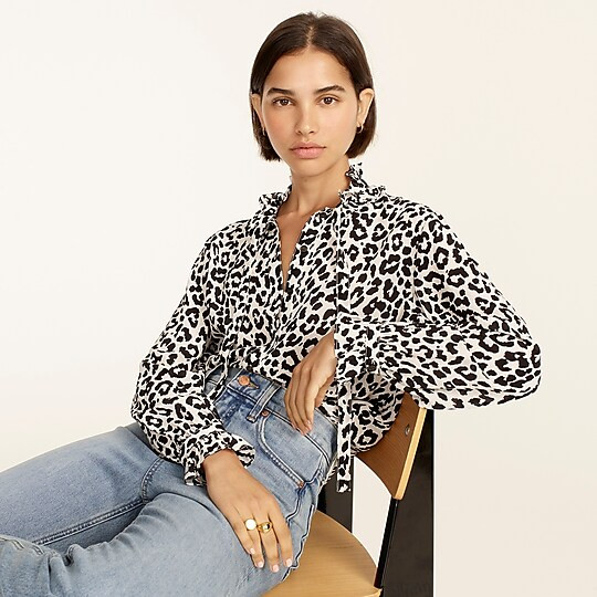 Classic-fit ruffleneck popover shirt in bold leopard silk | J. Crew US