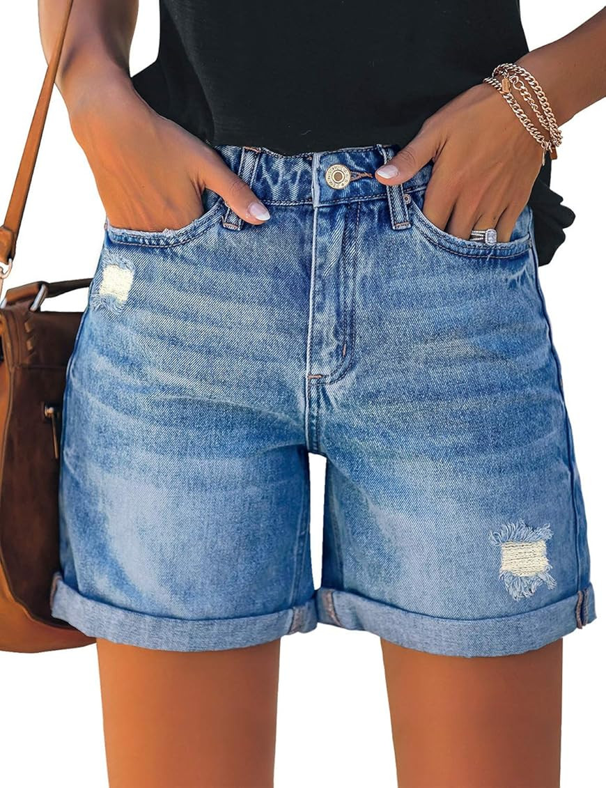 luvamia Women's Casual Ripped Denim Shorts High Rise Distressed Rolled Hem Jeans Shorts | Amazon (US)