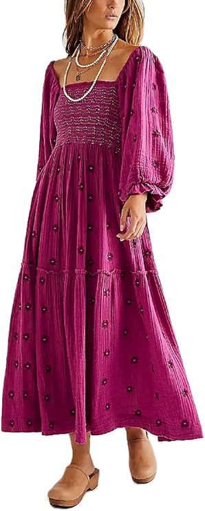Argeousgor Women 2023 Bohemian Floral Dress Square Neck Ruffle Swing A Line Maxi Dress Long Sleev... | Amazon (US)