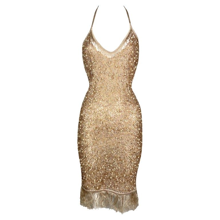 S/S 2007 John Galliano Sheer Pearl Embellished Nude and Gold Bodycon Halter Dress For Sale at 1st... | 1stDibs