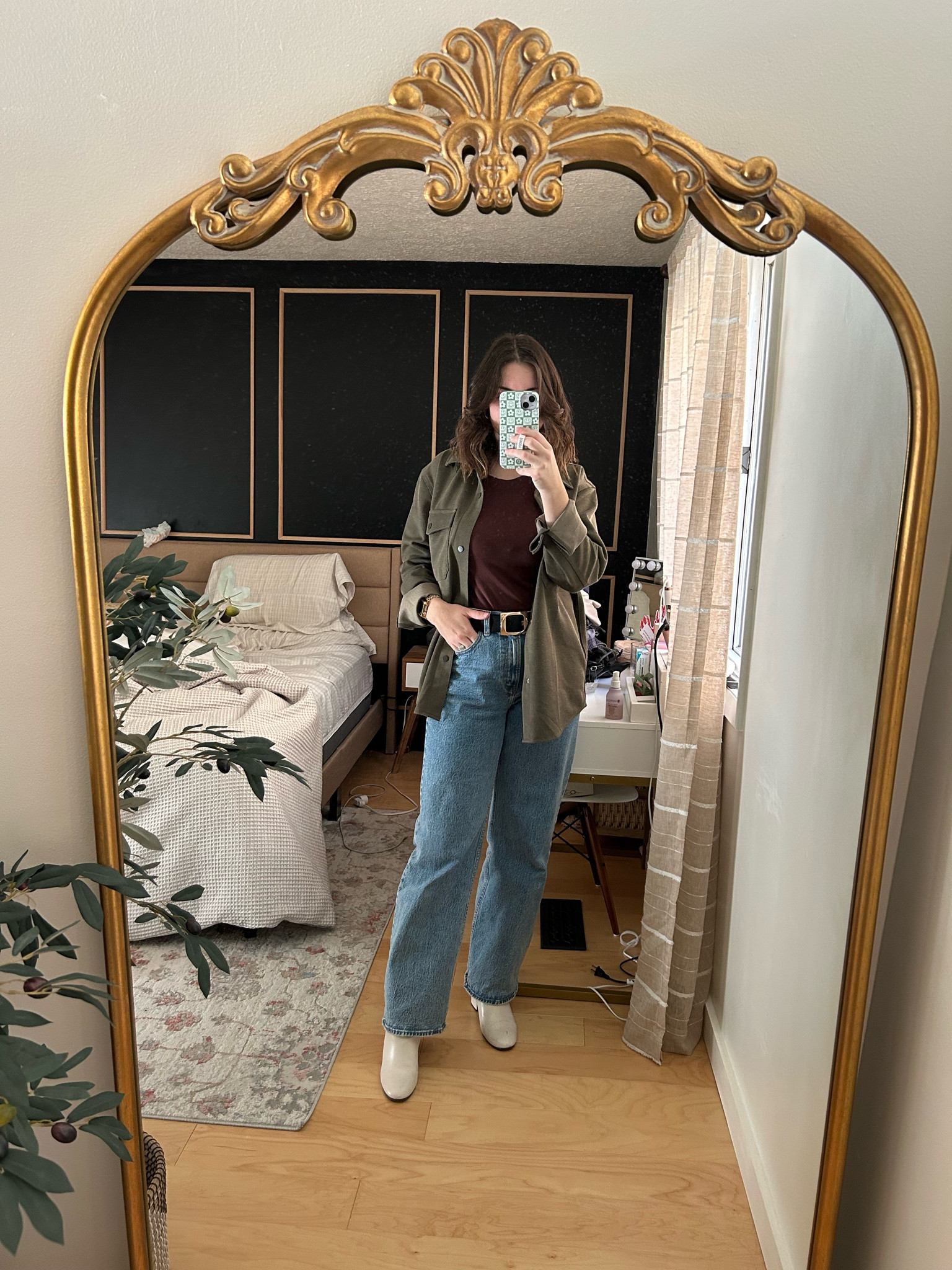 Olive green shacket, Abercrombie high waisted 90’s relaxed jeans, white booties. 

Perfect transitional outfit from winter to spring 🤍

#LTKfindsunder100 #LTKstyletip #LTKSpringSale